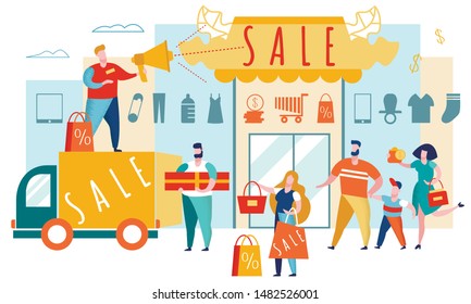 Sale Advertising Concept. Man with Megaphone near Door of Shop. Sale in Mall. Crazy People Buy in Supermarket. Men and Women with Bags and Boxes. Consumerism and Retail. Black Friday. Vector EPS 10.