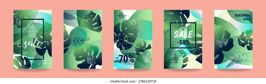 Sale advertising design template collection. Floral ornament, abstract background, thin line illustrations. Social network story, business card, poster, banner, invitation. Botanical vector clip art.