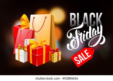 Sale advertising inscription. Black Friday banner with packing bags and boxes. Vector stock template for your business design.