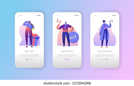 Sale Advertising Marketing Character Mobile App Page Onboard Screen Set. Woman and Man make Special Speaker Offer Announcement Concept for Website or Web Page. Flat Cartoon Vector Illustration