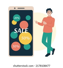 Publicidad de venta en teléfono móvil. Hombre parado y apuntando a una gran pantalla de smartphone. Pantalla de teléfono móvil con texto Sale, porcentajes. Ilustración vectorial plana.