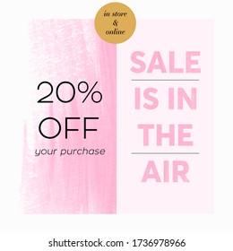 Sale is in the air sign over creative paint graphic design background. Pink 20% off shop sale banner.  