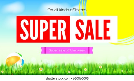 Sale an all kinds of items. Summer hot discounts. Selling ad banner. Sun summer background with big yellow sun, inflatable beach ball, green field, clouds and blue sky. Template for shopping.