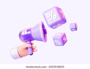 Sale Announcement. 3D hand holding a megaphone and discount percentages. Concept sales and advantageous deals. Vector illustration.