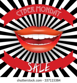 Sale announcement poster. "Cyber Monday Sale". Red ribbons, black&white burst background, smiling woman mouth. Usable for flyers, cards, vouchers, banners. labels. Isolated by layers, editable vector.