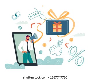Sale announcement sign man announcing sale, shouting into a megaphone, flat vector illustration. Discount, coming soon event and get your gift promotion banner concept.
