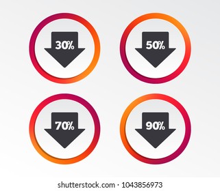 Sale arrow tag icons. Discount special offer symbols. 30%, 50%, 70% and 90% percent discount signs. Infographic design buttons. Circle templates. Vector