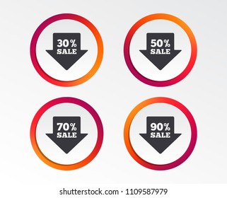 Sale arrow tag icons. Discount special offer symbols. 30%, 50%, 70% and 90% percent sale signs. Infographic design buttons. Circle templates. Vector