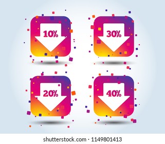 Sale arrow tag icons. Discount special offer symbols. 10%, 20%, 30% and 40% percent discount signs. Colour gradient square buttons. Flat design concept. Vector