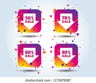 Sale arrow tag icons. Discount special offer symbols. 50%, 60%, 70% and 80% percent sale signs. Colour gradient square buttons. Flat design concept. Vector