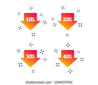 Sale arrow tag icons. Discount special offer symbols. 10%, 20%, 30% and 40% percent discount signs. Random dynamic shapes. Gradient sale icon. Vector