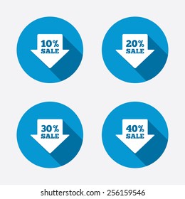 Sale arrow tag icons. Discount special offer symbols. 10%, 20%, 30% and 40% percent sale signs. Circle concept web buttons. Vector