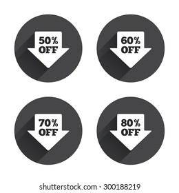 Sale arrow tag icons. Discount special offer symbols. 50%, 60%, 70% and 80% percent off signs. Circles buttons with long flat shadow. Vector