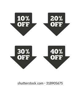 Sale arrow tag icons. Discount special offer symbols. 10%, 20%, 30% and 40% percent off signs. Flat icons on white. Vector