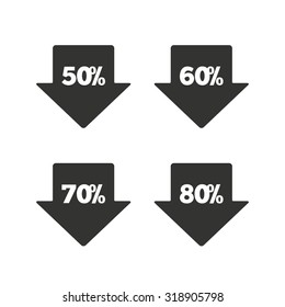 Sale arrow tag icons. Discount special offer symbols. 50%, 60%, 70% and 80% percent discount signs. Flat icons on white. Vector