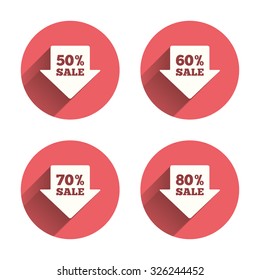 Sale arrow tag icons. Discount special offer symbols. 50%, 60%, 70% and 80% percent sale signs. Pink circles flat buttons with shadow. Vector