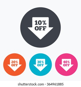 Sale arrow tag icons. Discount special offer symbols. 10%, 20%, 30% and 40% percent off signs. Circle flat buttons with icon.