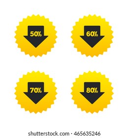 Sale arrow tag icons. Discount special offer symbols. 50%, 60%, 70% and 80% percent discount signs. Yellow stars labels with flat icons. Vector