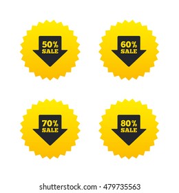Sale arrow tag icons. Discount special offer symbols. 50%, 60%, 70% and 80% percent sale signs. Yellow stars labels with flat icons. Vector