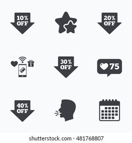 Sale arrow tag icons. Discount special offer symbols. 10%, 20%, 30% and 40% percent off signs. Flat talking head, calendar icons. Stars, like counter icons. Vector