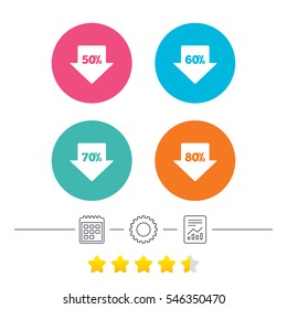 Sale arrow tag icons. Discount special offer symbols. 50%, 60%, 70% and 80% percent discount signs. Calendar, cogwheel and report linear icons. Star vote ranking. Vector
