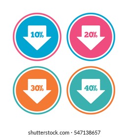 Sale arrow tag icons. Discount special offer symbols. 10%, 20%, 30% and 40% percent discount signs. Colored circle buttons. Vector