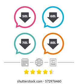 Sale arrow tag icons. Discount special offer symbols. 50%, 60%, 70% and 80% percent discount signs. Calendar, internet globe and report linear icons. Star vote ranking. Vector