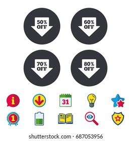 Sale arrow tag icons. Discount special offer symbols. 50%, 60%, 70% and 80% percent off signs. Calendar, Information and Download signs. Stars, Award and Book icons. Light bulb, Shield and Search