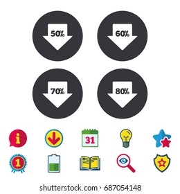 Sale arrow tag icons. Discount special offer symbols. 50%, 60%, 70% and 80% percent discount signs. Calendar, Information and Download signs. Stars, Award and Book icons. Light bulb, Shield and Search