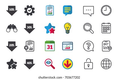 Sale arrow tag icons. Discount special offer symbols. 10%, 20%, 30% and 40% percent discount signs. Chat, Report and Calendar signs. Stars, Statistics and Download icons. Question, Clock and Globe