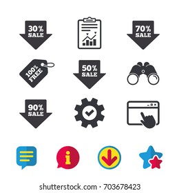 Sale arrow tag icons. Discount special offer symbols. 30%, 50%, 70% and 90% percent sale signs. Browser window, Report and Service signs. Binoculars, Information and Download icons. Stars and Chat