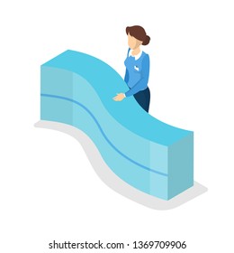 Sale assistant. Sales woman in the shop standing at the counter. Retail, market and promotion. Isolated vector isometric illustration