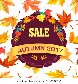 Sale autumn 2017 special offer promo poster logo design in form of stamp with colorful foliage vector illustration banner on background of leaves