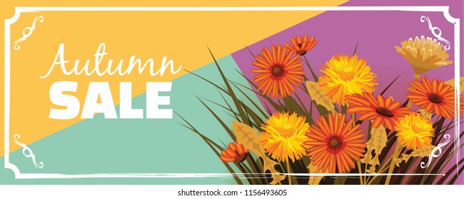 Sale, Autumn flowers, Fall, leaves, banner, flyers, card, autumn colors, template, vector, illustration, isolated