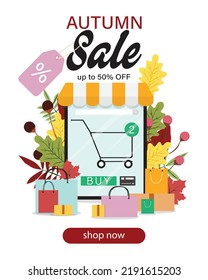 Sale autumn illustration with phone, leaves and shopping bags for web background design. Modern card with phone and autumn leaves.