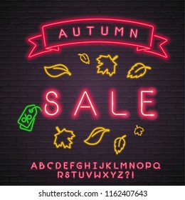 Sale Autumn Label Leaf Icon Neon Light Glowing Vector Illustration Bright Logo, Banner, Sign. Alphabet Neon Light Bright