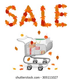 Sale autumn leaf lettering with a shopping cart full of shopped stuff