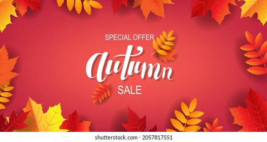 Sale Autumn Poster With Lettering Text With Leaves With Gradient Background, Vector Illustration.