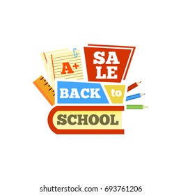 Sale Back to school emblem with book. Bright vector illustration.