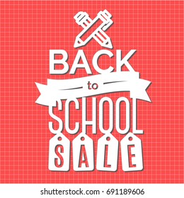 Sale back to school label white color on red checkered background. School shopping. Vector illustration.