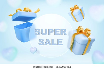 Fondo de la venta con las cajas de regalo 3d con las cintas del oro. Etapa con efecto de morfismo vítreo. Caja de regalos abierta azul festiva realista 3d. Sorpresa de regalo de Festiva. Ilustración vectorial
