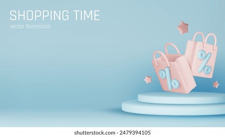 Sale background. 3D gold podium. Product exhibition. Discount percent. Shopping offer. Shop promotion. Glowing showcase. Vector banner design