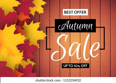 Sale background. Autumn design banner with wooden planks and fallen leaves. Vector illustration