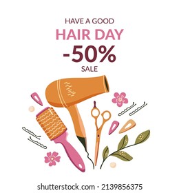 Sale background with beautiful hairdresser tools. Hand drawn vector illustration template design for poster, postcard, banner, flyers, invitation