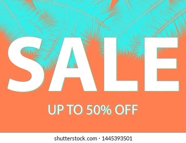 Sale background. Coral, cyan colors. Design template. Vector illustration. Palm leaves. Super sale banner.