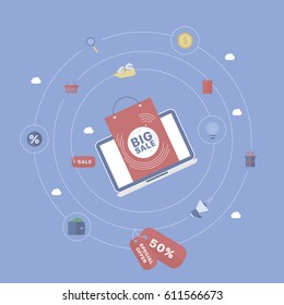 Sale background with device. Concept business vector for investing into ideas, creative innovative work, growing business. Flat illustration with thin broken line.
