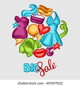 Sale background with female clothing and accessories.