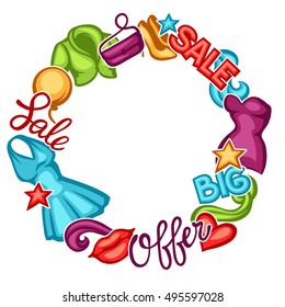 Sale background with female clothing and accessories.