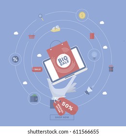Sale background with hand holding device. Concept business vector for investing into ideas, creative innovative work, growing business. Flat illustration with thin broken line.