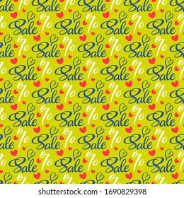 Sale background with handwritten lettering. Discounts up to seamless pattern. Card, label, post design. Vector illustration EPS10.